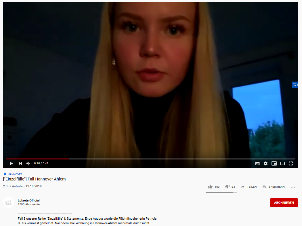 Screenshot des Lukreta Youtube-Videos zum Mord in Hannover Ahlem